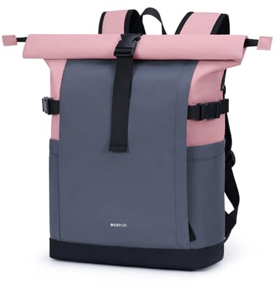 ECOHUB Rolltop Rucksack 20–27L, 15.6 Zoll Laptop Rucksack mit Schnellzugriff auf das Hauptfach ohne Öffnen des Rolltops, Urbaner Tagesrucksack für Alltag, Arbeit, Uni und Reisen(Dusty Rose)