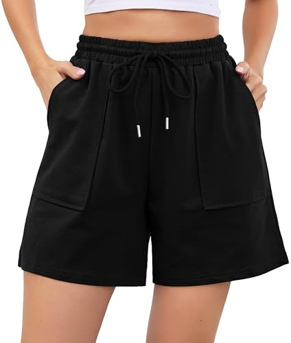 Wikoan Short de Sport Femme Été Short Femmes Coton Doux avec Poches et Cordon de Serrage Respirant pour Jogging Running Yoga Fitness S-XXL