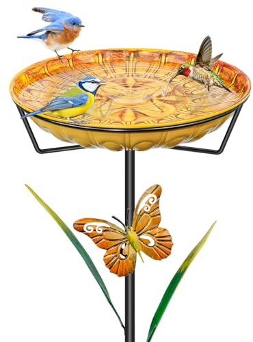 FaloStwer Metal Bird Bath for Outdoors, Easy to Clean Birdbaths with Removable Bowl Stable Upgrades Stake, Freestanding Bird Baths Feeder Bowl for Outdoors Garden Patio Yard Lawn Decor (Yellow)