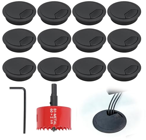 12 Pcs Black Desk Grommet, 2.36″/60mm Desk Cable Hole Cover with 60mm Hole Saw, Black Plastic Cable Grommet Round Desk Hole Cover for Wire Organizer, Home and Office Table Cable Cord Management