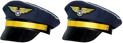 Boland 01253 - Casquette de pilote pour adultes, taille réglable, bleu foncé avec or, capitaine, aviateur, profession, fête à thème, carnaval (Lot de 2)