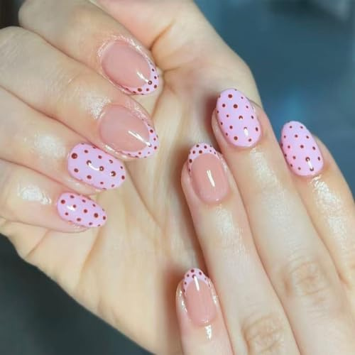 Detesaya Ongles Pressions à Pois, Ongles Artificiels & Faux Ongles, Ensemble de 24 Ongles Amande Courts, Bord Français Blanc & Rose avec Pois Noirs, Ongles Acryliques Réutilisables Brillants pour