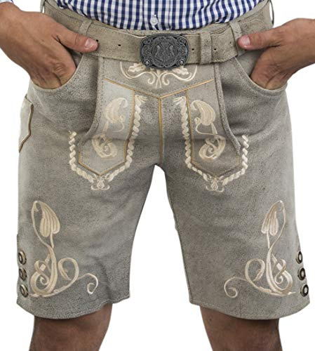 Pantalones Cortos de Cuero de Cristal de Roca Bergkristall para Hombres Incl. cinturón de Traje Tradicional - Tradicional Trachten Lederhosen Vintage (48, Gris)