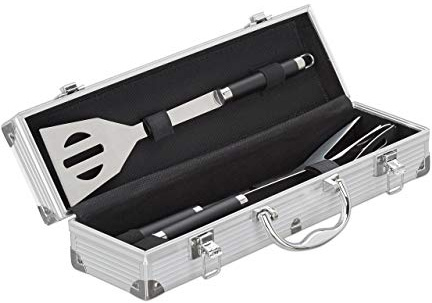 Relaxdays Grillbesteck Set, Profi, Edelstahl 3-teilig, Koffer, hochwertig, Grillzange, Grillgabel, Grillwender, silber