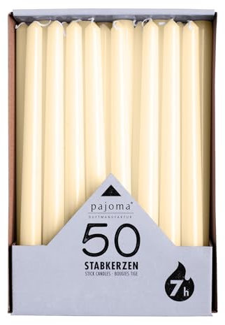pajoma® Stabkerzen Elfenbein - 50 Stück | Höhe 25 cm, Ø 2 cm | Brenndauer ca. 7 Std. | Vielseitig als Tisch-, Deko-, Weihnachtskerze & für Gastro-Events