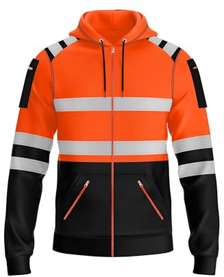 trending babz Mens Hi Vis Zipper Hoodie Sweatshirt Safety Work High Viz Reflective Tape Multi Zipped Pockets Hoodie Yellow Orange High Visibility Sweatshirt Top
