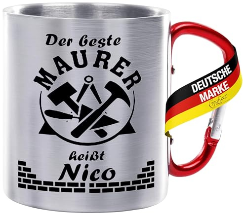 Crealuxe Edelstahltasse mit Karabiner - Der beste Maurer heißt Wunschname - 330ml, Tasse personalisiert, Kaffeetasse, Bürotasse, Metalltasse mit Name