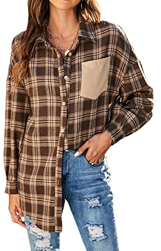 FeMereina Chemise à carreaux en flanelle surdimensionnée avec col à revers boutonné et manches longues pour femme