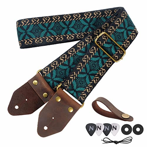 Nefelibata Gitarrengurt, Jacquard-Stickerei Baumwolle Gitarrengurte mit Crazy Horse Leder Enden für Bass, elektrische & akustische, Geschenke für Kinder, Gitarristen