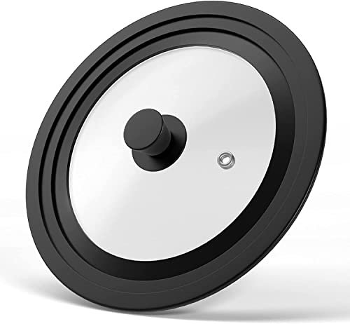 Universal Lid for Pots, Pans and Skillets - Tempered Glass Covered with Heat Resistant Silicone Rim and Heat Resistant Handle Fits 16cm, 18cm and 20cm Diameter Cookware, Black