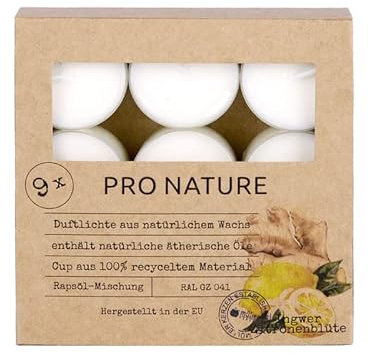 Müller Kerzen PRO NATURE Duftlichte mit Rapsöl - Ingwer & Zitronenblüte - 9er Pack - 6 Stunden Brenndauer - Teelichter aus Natürlichem Wachs - Hülle 100% recyceltes Material