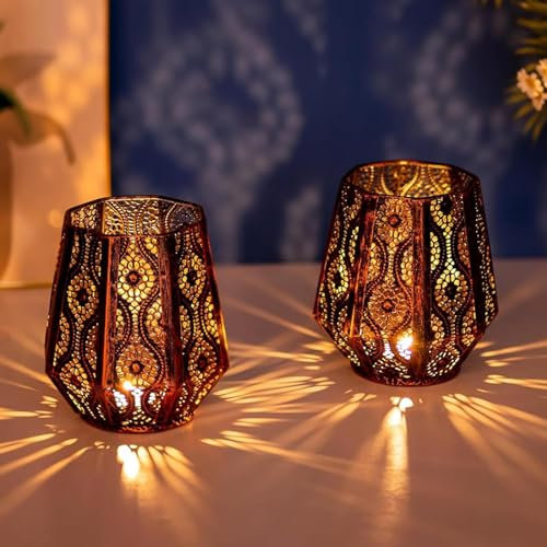 Romadedi Orientalische Laterne Windlicht Bronze - 2er Set Orientalisch Kerzenhalter Metall Deko für Stumpenkerzen Teelichter Kerzen Wohnzimmer Tischdeko Badezimmer Schlafzimmer Balkon Weihnachten