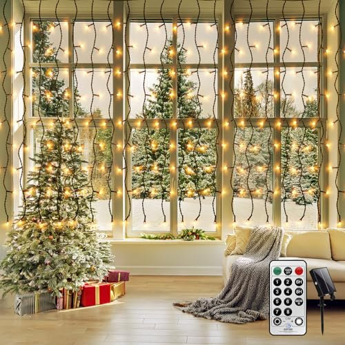 CERIAL 6M X 1M Long Solar Curtain Lights Outdoor Indoor, Backdrop Curtain Fairy String Lights Hanging Waterfall Icicle Light,Green Wire Outside Garden Solar Light with Remote,Waterproof
