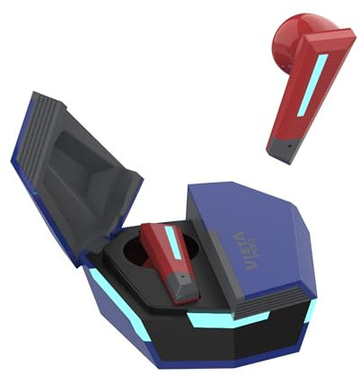 Vieta Pro Écouteurs sans fil avec Bluetooth 5.3. Tactile et mains libres. Casque avec microphone et batterie longue durée 15 h. Écouteurs à bouton avec boîtier de charge. Transformer bleu et rouge