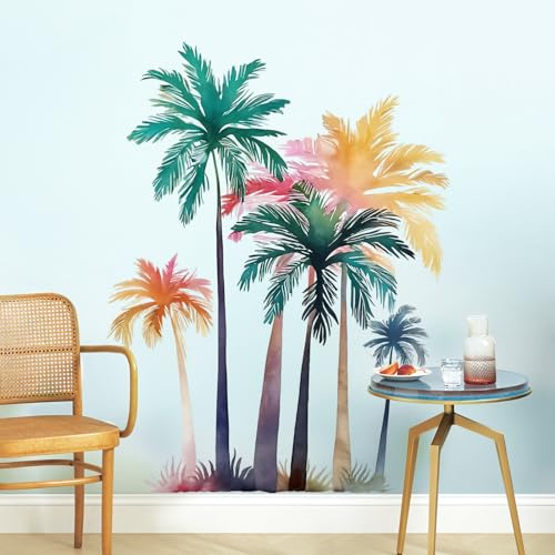 Supzone Stickers Muraux Palmiers en Aquarelle Tropicale - Autocollant Mural Nuances Aquatiques - Déco Murale Artistique Amovible pour Chambre/Salon - Décoration Élégante aux Tons d'Eau