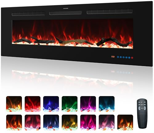 Kentsky 121 cm elektrischer Kamin, Einbaukamin und Wandheizung, 750W/1500W linearer Kamin mit Fernbedienung, Touchscreen, 13 Flammenfarben, Timer, Log-Kristall