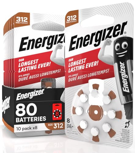 80 Piles pour Appareils Auditifs Energizer Taille 312 Marron sans Mercure - 10 Paquets de 8 Piles