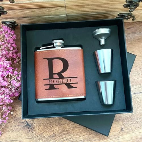 Ensemble flasque + tasses en cuir personnalisé, cadeau gravé pour témoin de la Saint-Valentin, Noël, anniversaire, garçons d'honneur, 236,8 g