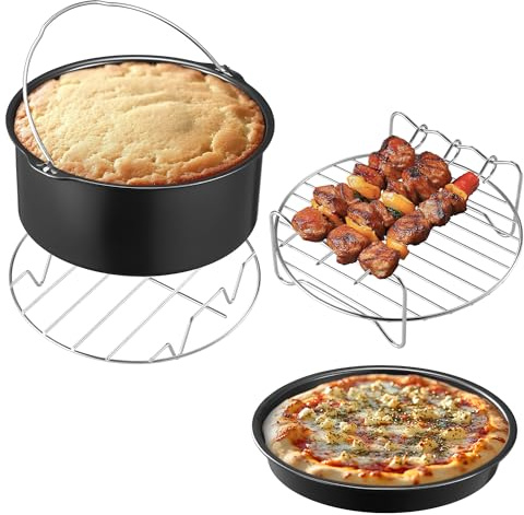 Navaris Accesorios Freidora de Aire - 4x Utensilios para Freidora de Aire - Compatible con Tefal Phillips Tower y Más - 2x Moldes para Freidora de Aire Postres Pizza y 1x Rejilla