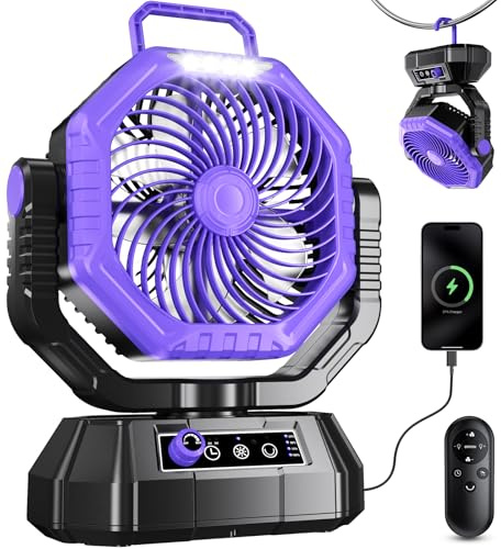 VTHW Ventilateur de Camping avec lanterne LED, 20000mAh Ventilateur Rechargeable Avec Télécommande et Crochet, Rotation 270°, Vitesse Réglable, Mode Minuterie,Pour l'intérieur et l'extérieur(Violet)