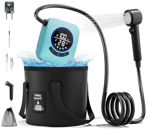 Mytrix Campingdusche Tragbare, 8000mAh Camping Dusche Pumpe mit Temperaturanzeige, 5-Gallonen Klappbarer Eimer