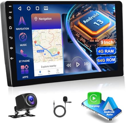 Motorsi 4GB+64GB Autoradio 2 Din 9 Pollici con Wireless CarPlay Android Auto, GPS Navigazione, WiFi, Bluetooth, FM/AM/RDS Radio, Autoradio Doppio Din con Schermo Diviso +Telecamera Posteriore