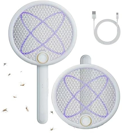 Electric Fly Swatter Foldable Bug Zapper Racket，2 in 1 Mosquito Killer with Purple Attractant Light， Rechargeable with 1800mAh Battery， Mosquito Swatter for Indoor and Outdoor