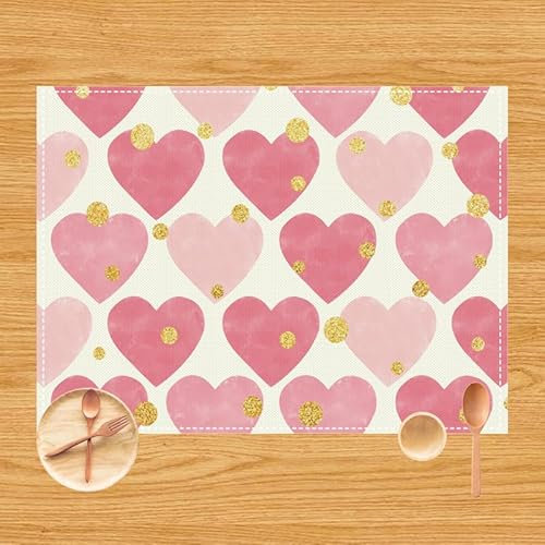 Tovagliette Americane Lavabili Cuore Oro Rosa Tovagliette Colazione Cena Pranzo Sottopiatti Lino Resistenti al Calore Antiscivolo Tovaglietta Colazione Set di 6(45x30cm)