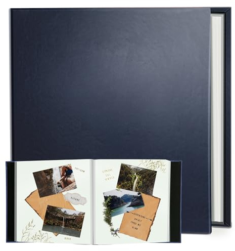 Rdylymx Photo Album Self Adhesive 5x3 6x4 7x5 8x6 10x8 A4 Magnetic Scrapbook Length 12.8x11 Inch 40 Pages Leather Cover DIY Photo Album with A Metallic Pen for Family Travel Wedding Baby Pet (Blue)