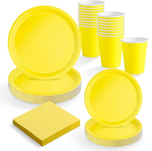MAXI PRODUCTS - Set Vajilla Desechable Fiesta 20 Personas Amarillo - 114 piezas - Vasos Cartón 270 cc + Platos Cartón Ø17 y Ø20,5 cm + Servilletas Papel 25x25 cm - Menaje para Cumpleaños y Eventos