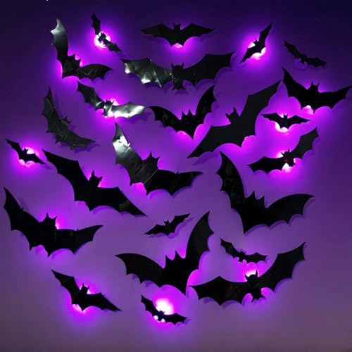 LMSHOWOWO 24 Stück Halloween Deko LED Lila Fledermaus Deko Lichter, 3D Fledermaus Wandaufkleber, Simulation Fledermäuse Licht, für Halloween Deko Outdoor Innen, Fenster Wände Haus BäUme Garten Patio