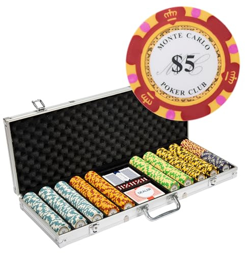 Playzaic 500-piece Aluminum Monte Carlo Poker Chip Case - 13.5-gram Heavy Clay Composite Set - Casino Chips for Texas Holdem, Blackjack - Betting Game Accessories