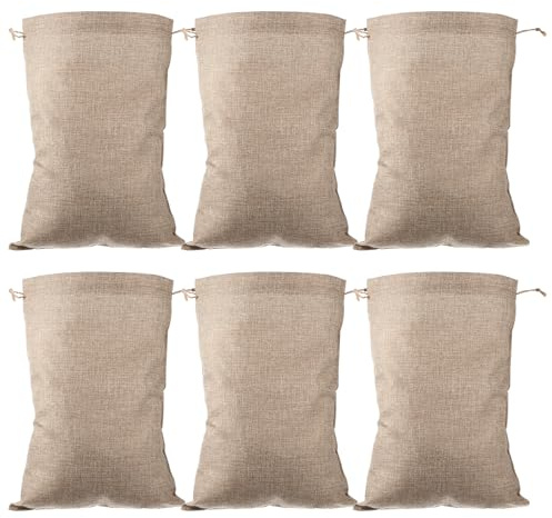 VANZACK 6pcs Reusable Drawstring Burlap Vegetable Bags Breathable Food Storage Pouches Tear-Resistant Natural Jute Sacks for Grocery and Plant Storage