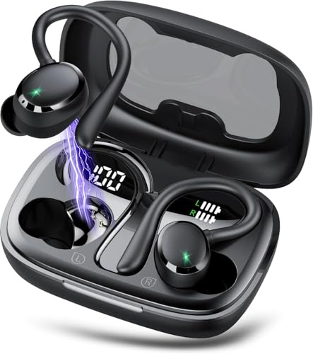 KT1 Auriculares Inalámbricos Bluetooth 5.3, Auriculares Deportivos con Pantalla LED, Cancelación de Ruido ENC de 40 dB, Auriculares Impermeables IPX7 para Entrenamiento/Running