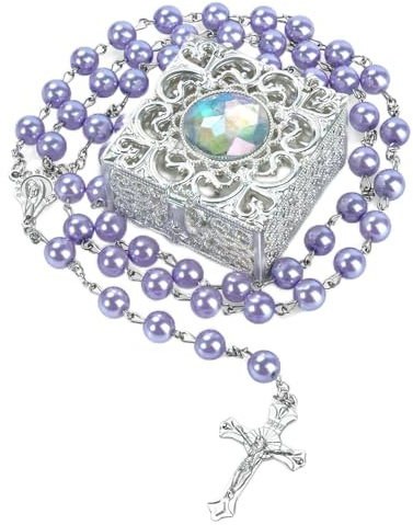 LQTSLFM Rosenkranz Kette mit Case, Rosenkranz Kommunion Männern Damen, Rosary Necklace in Im Metallbox, Rosenkranzkette Geschenk für Angehörigen, Älteste, Liebste