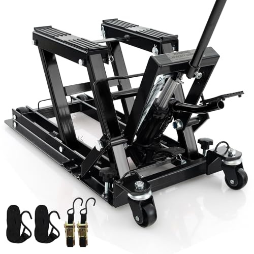 HOMFME 680 kg Hydraulic Motorcycle Lift Jack, Motorbike Lifting Stand with 3-Level Height Adjustable Platform, Wheels, Heavy Duty Motorcycle Jack Lift Table Hoist Stand for ATV UTV Quad (Black)
