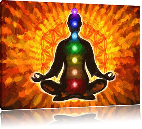 Pixxprint Meditation mit den 7 Chakren Kunst Pinsel Effekt, Größe: 80x60cm, Leinwandbild, fertig gespannt, Wandbild, Dekoration, Kunstdruck, kein Poster