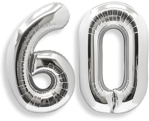 AULE Luftballon Zahl 60 Silber 40 Zoll Folienballon Helium 0-60 Geburtstag | XXL 101 cm Silber Luftballon Zahlen Groß Zahlenballon für Geburtstag Abschluss Jubiläum Dekoration