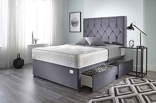 Bed Centre Ziggy Grey Plush Single Divan Bed Set with 24 cm Memory Foam Mattress, 2 Same‑Side Drawers & Headboard – Space‑Saving Storage for Small Rooms (90×190 cm) | UK Made