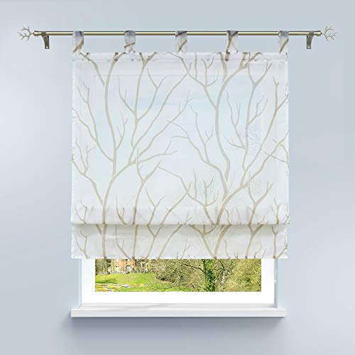 HongYa Raffrollo mit Schlaufen Transparente Raffgardine Voile Schlaufenrollo Küche Kleinfenster Gardine mit Äste Muster H/B 140/120 cm Weiß Sand