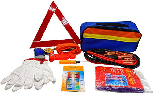 11-in-1 Car Emergency Tool Set Breakdown Assistance Set Car Safety Kit Breakdown Tool Set with Storage Bag, Jumper Cables, Tow Rope, Warning Triangle, Flashlight, Safety Hammer etc