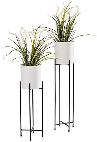 Spetebo Metall Blumentopfständer 2er Set - Ständer mit weißen Töpfen - 74 und 58 cm - Blumentopfhalter mit Topf - Planzenständer rund