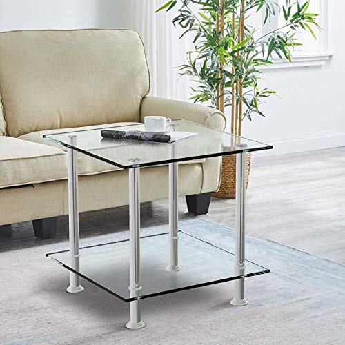 nozama Clear Glass Coffee Table 2 Tier Living Room End Table Glass Sofa Side Table with Chrome Legs Bedside Lamp Table Square