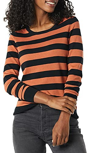 Amazon Essentials Women's Long-Sleeve Lightweight Crewneck Sweater, Flattering (Available in Plus Size), Black Caramel Rugby Stripe, Large
