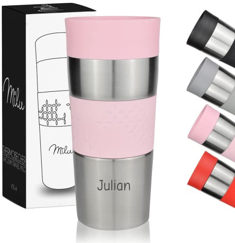 Milu Thermobecher mit Gravur - 350ml - Geschenkidee personalisiertes Geschenk Geburtstagsgeschenk Weihnachten für Männer Frauen Mama Papa Freundin (350ml, Rosa)