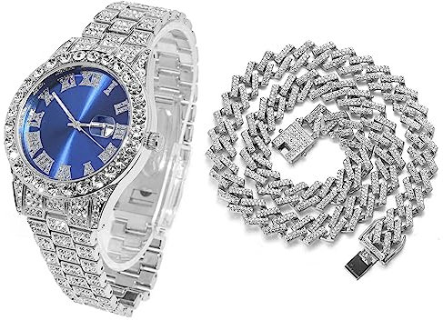 Halukakah Blaues Zifferblatt Diamant Golduhr Iced Out, Männer Platin Weißgold Plattiert Quarz Armband 24cm, mit Kubanische-Kette Halskette 45cm, mit Geschenkbox