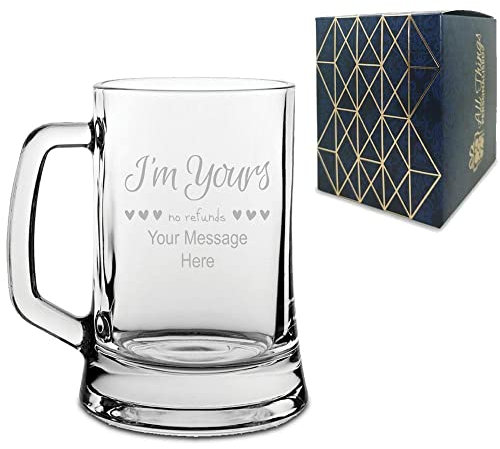 Personalised Engraved Tankard Beer Mug with I'm Yours, no refunds Design, Gift Boxed, Personalise with Any Message for Valentines, Anniversaries