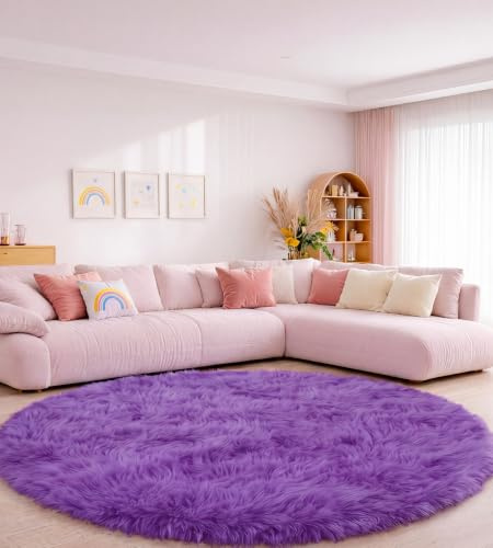 ROHATIM Teppich Schlafzimmer Rund 150 cm Violett Waschbar Rutschfester Runder Hochflorteppich Wohnzimmer Kinderzimmer Mädchen Flauschig