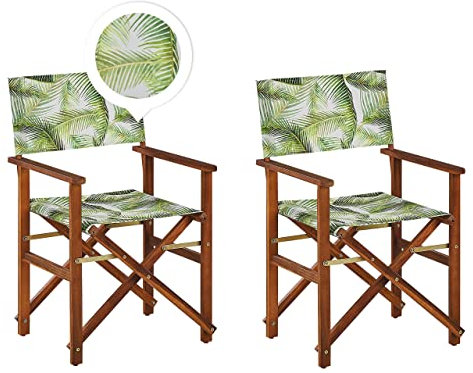 Beliani Zwei Gartenstühle Dunkles Akazienholz Textil grau/hellgrün Palmenmotiv Cine