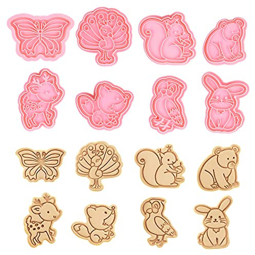 Xzeemo 8 Stk Tiere Ausstechförmchen für Kinder, Plastik Plätzchen Plätzchenformen, Keksausstecher 3D, Ausstecher Stempel Tiere, Backen Zubehör (B)